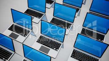 3d image of a lot of laptops in a rows.