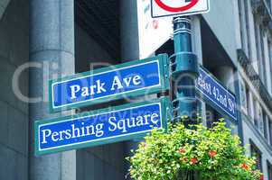 Park Avenue Pershing Square street signs in New York