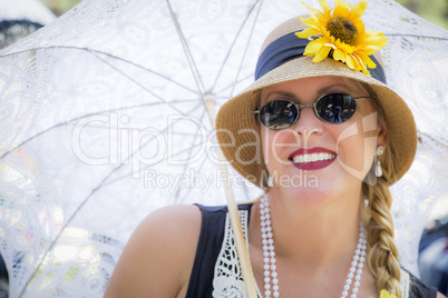 Attractive Woman in Twenties Outfit Holding Parasol
