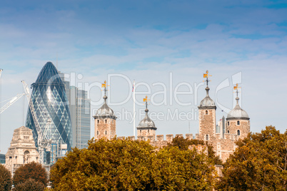 Tower of London with modern city skyline on background