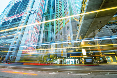 Modern city buildings with skyscrapers and traffic as seen from