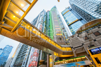 Modern city buildings with skyscrapers and traffic as seen from