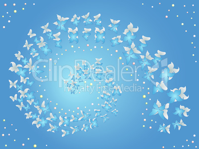 Spiral of flying butterflies on a blue