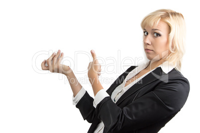 Business woman holding horizontal billboard