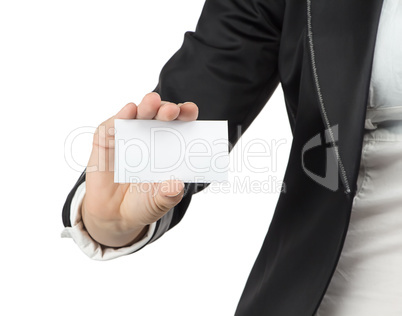 Image of businesswoman holding visit card