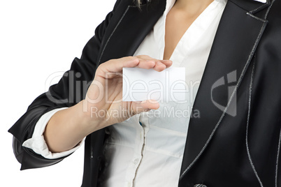 Image of business lady holding visit card
