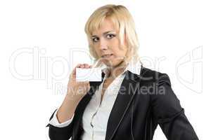 Portrait of businesswoman holding visit card