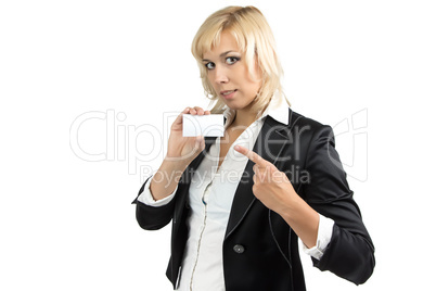 Portrait of businesswoman showing at visit card