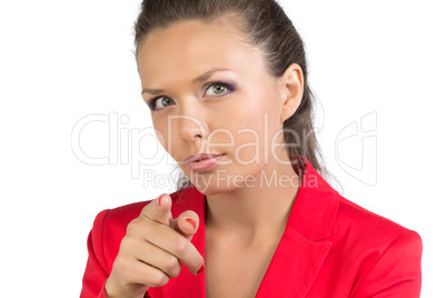 Businesswoman pointing forefinger at camera