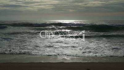 Waves Crashing on Beach, sunset