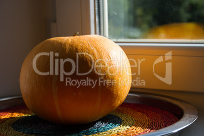 Yellow pumpkin on the windowsill