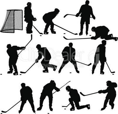 Set of silhouettes of hockey player.