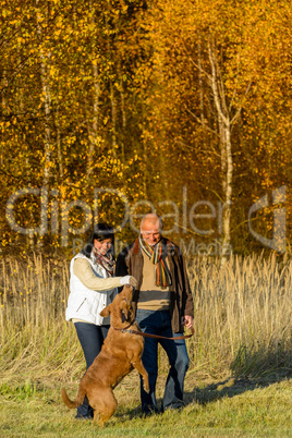 Couple playing with dog autumn sunset park