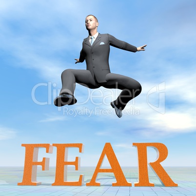 Businessman jumping upon fear word - 3D render