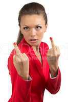 Portrait of business woman with middle finger