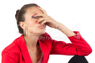 Tired businesswoman on white background