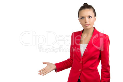 Woman showing something by right hand