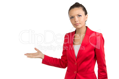 Businesswoman showing something by right hand