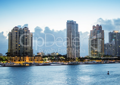 Miami, Florida. Dawn colors over city skyline