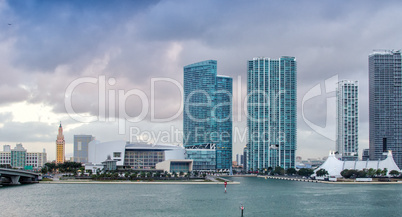 Miami skyscrapers and skyline at sunrise. Beautiful colors of na