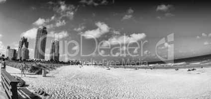 Skyline and seascape of Miami as seen from South Pointe Park on