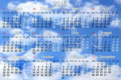 calendar for 2015 year on the white clouds background