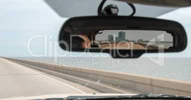 Lake Pontchartrain Causeway as seen from car mirror, New Orleans