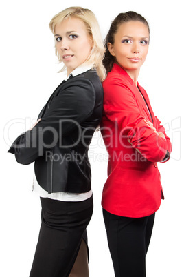 Two business lady standing back-to-back