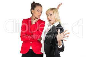 Two happy businesswoman on white background