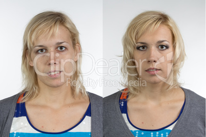 Portrait of woman before and after make up