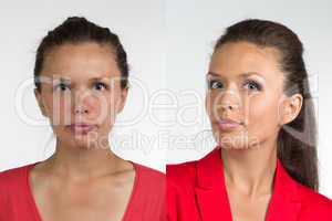 Portrait of young woman before and after make up