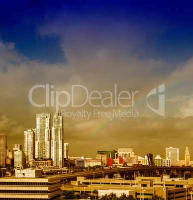 Miami skyline with rainbow