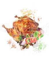 Watercolor Image Of  Roasted Turkey