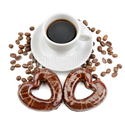 Heart-shaped cookies and a cup of coffee