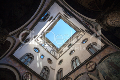 Internal court yard sky view of Palazzo Vecchio in Florence