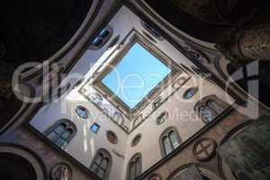 Internal court yard sky view of Palazzo Vecchio in Florence