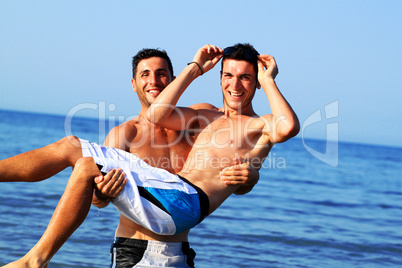 man hold the other man and laughing