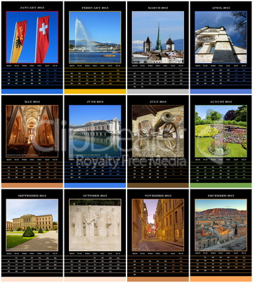 European 2015 year calendar for Geneva, Switzerland