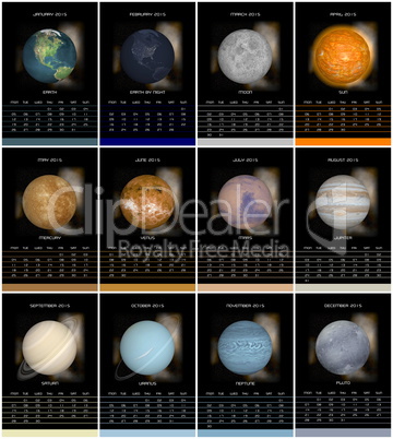 European 2015 year calendar with solar system planets