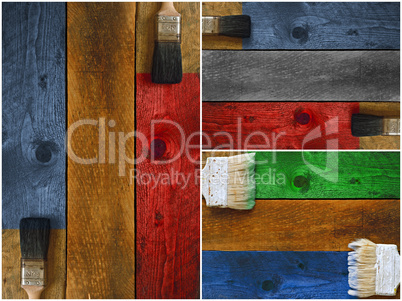Collage of paintbrushes staining timber