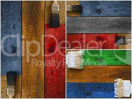 Collage of paintbrushes staining timber