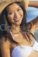 Asian Woman Girl Bikini Cowboy Hat At Beach