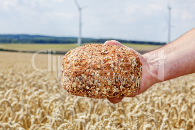 Hand holding freshly baked bread before Cornfield