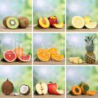 Collage mit Früchten und Obst wie Apfel, Orange und Zitrone