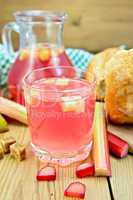 Compote from rhubarb in glass and jug with bread on board