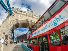 LONDON - SEP 30, 2012: Double Decker bus speeds up on Tower Brid