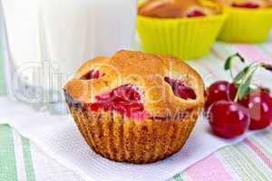 Cupcake with cherries and milk on napkin