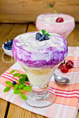 Dessert milk with cherry and blueberries on napkin