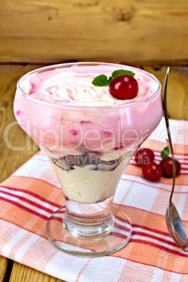 Dessert milk with cherry on napkin and board
