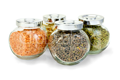 Lentil different and pea flakes in jars